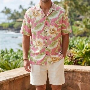 THE HAWAIIAN ORIGINAL Men's Pink Tropical Floral Short-Sleeve Shirt. Size L